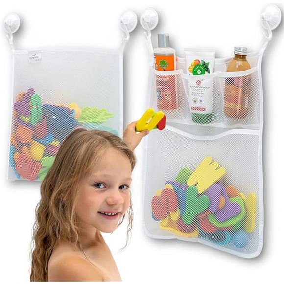 2 x Mesh Bath Toy Organizer + 6 Ultra Strong Hooks – For Kids & Toddlers - Picture 1 of 6